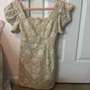Tan short dress with white flower embroidery